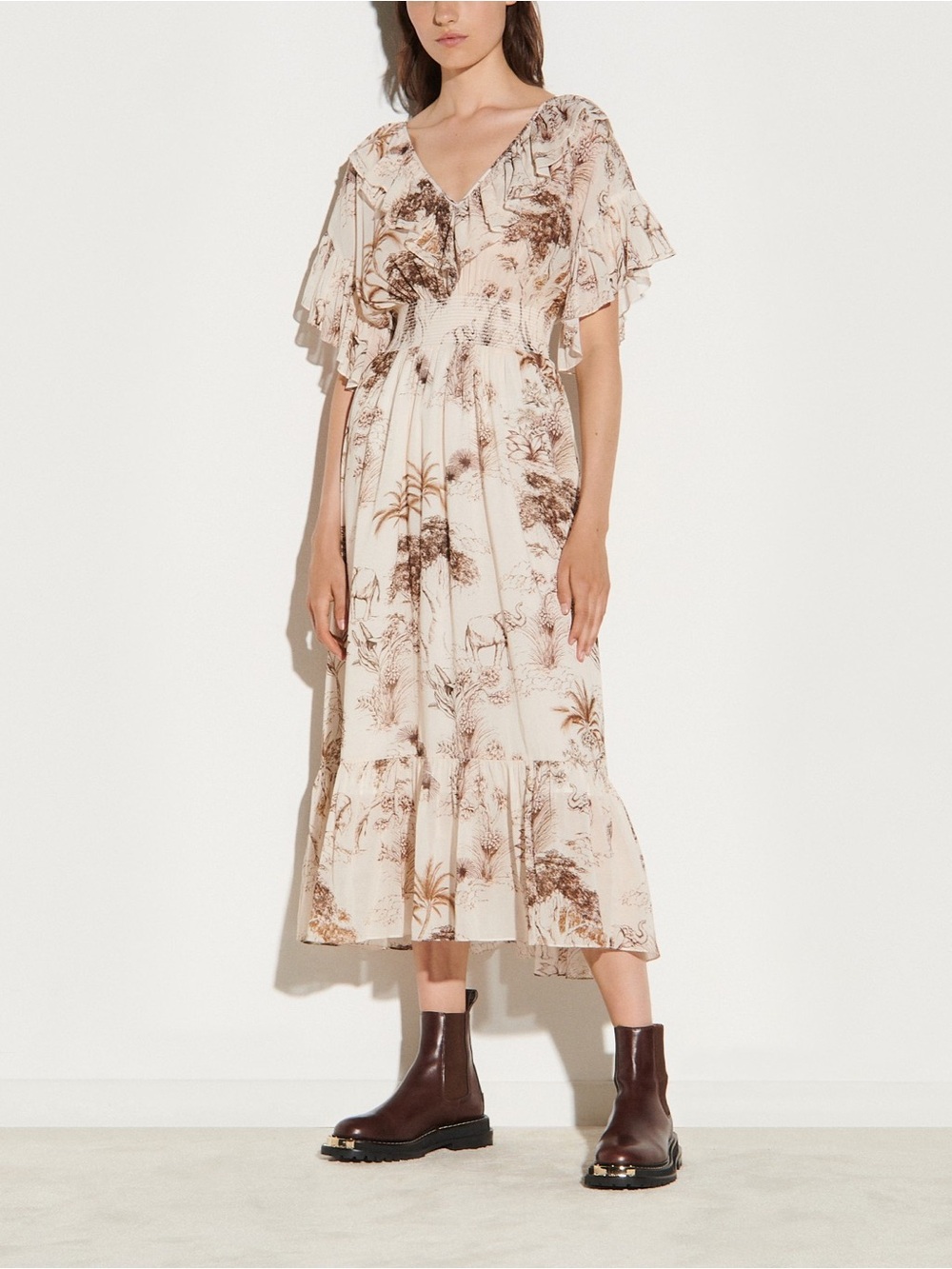 NWT Sandro Paris Marro Ruffled Safari printed gauze midi dress Sz 36 US S
